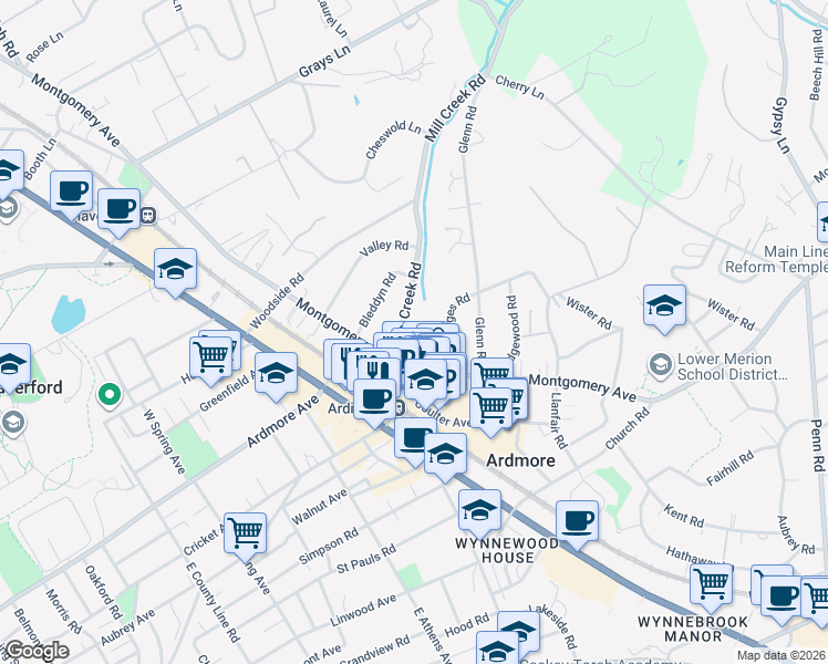 map of restaurants, bars, coffee shops, grocery stores, and more near 119 Mill Creek Road in Ardmore