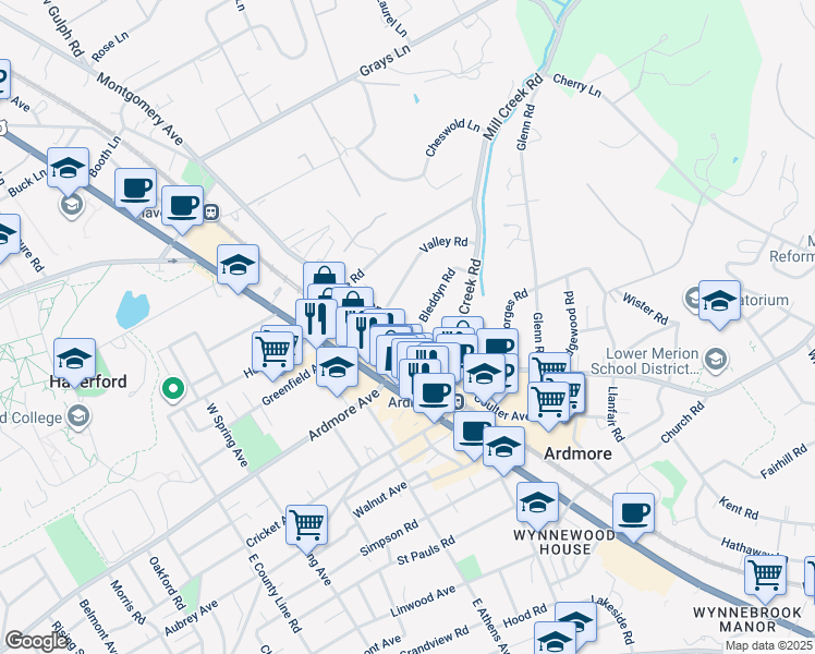 map of restaurants, bars, coffee shops, grocery stores, and more near 101 Valley Road in Ardmore