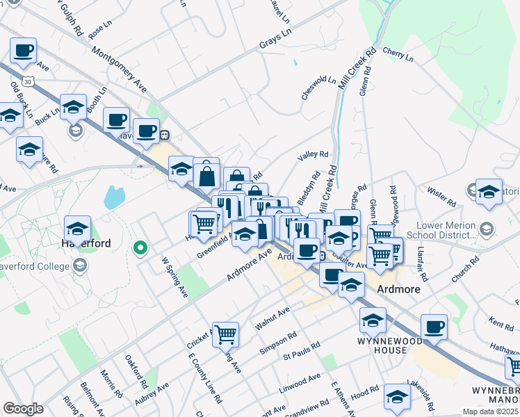map of restaurants, bars, coffee shops, grocery stores, and more near 102 West Montgomery Avenue in Ardmore