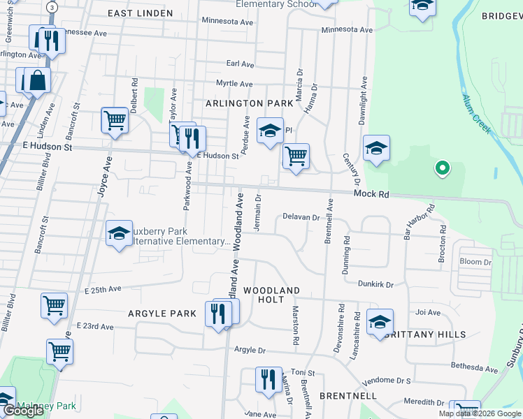map of restaurants, bars, coffee shops, grocery stores, and more near 2160 Mock Road in Columbus