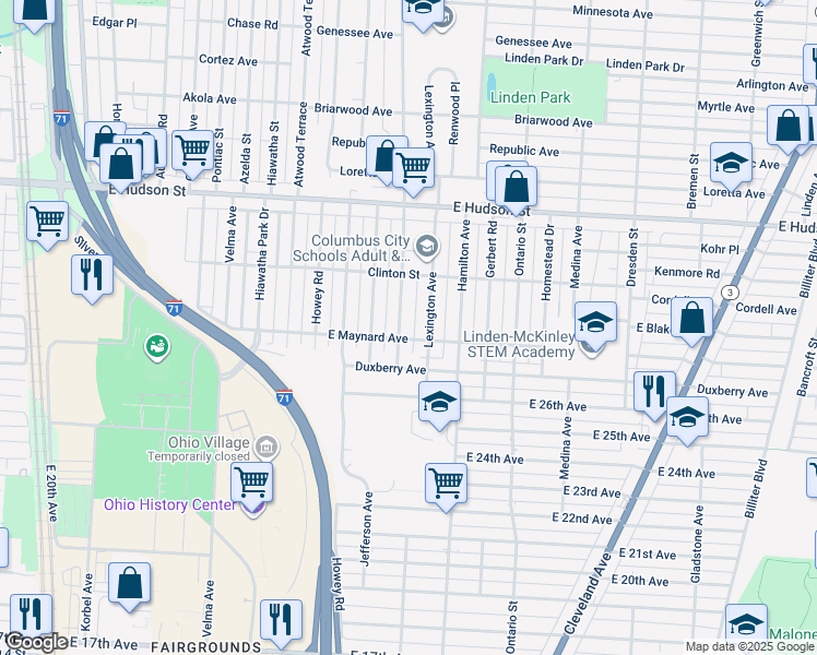 map of restaurants, bars, coffee shops, grocery stores, and more near 2230 Mcguffey Road in Columbus