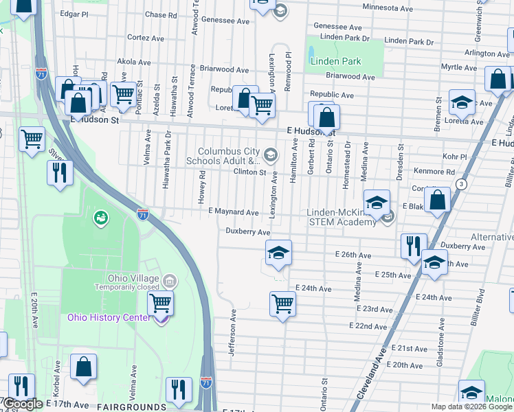 map of restaurants, bars, coffee shops, grocery stores, and more near 2230 Mcguffey Road in Columbus