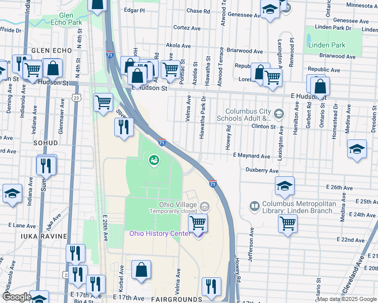 map of restaurants, bars, coffee shops, grocery stores, and more near 2257 Hiawatha Park Drive in Columbus