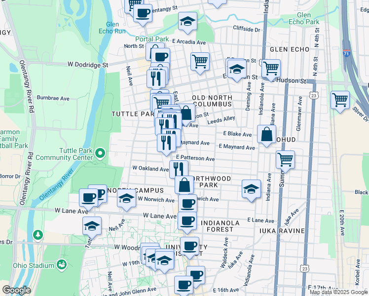 map of restaurants, bars, coffee shops, grocery stores, and more near 63 East Maynard Avenue in Columbus