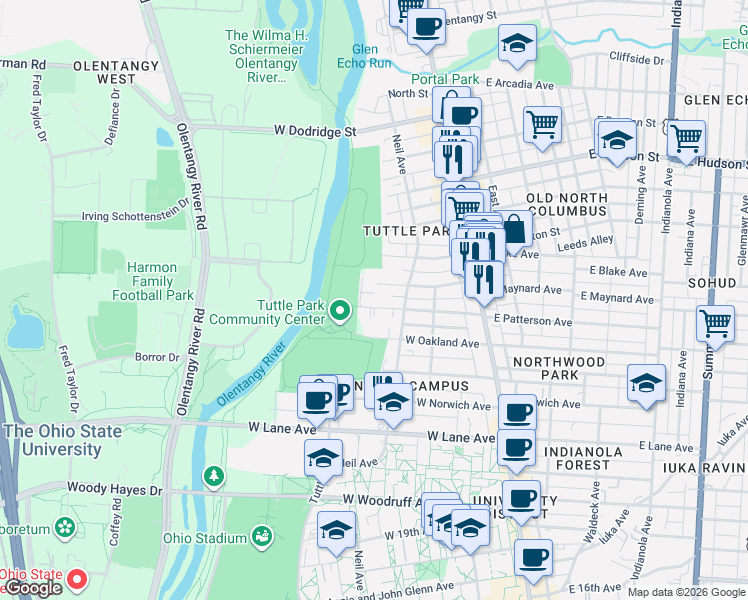 map of restaurants, bars, coffee shops, grocery stores, and more near 161 West Maynard Avenue in Columbus