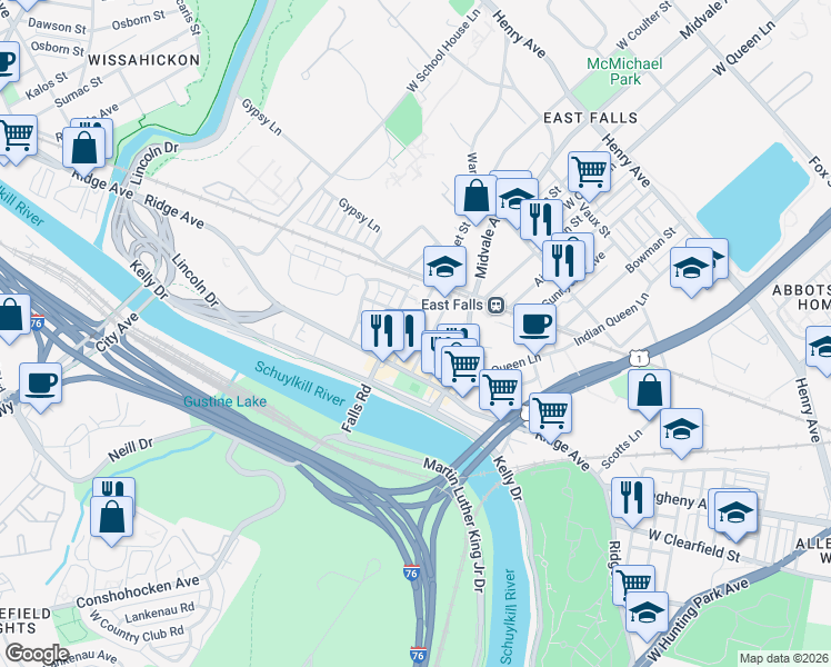 map of restaurants, bars, coffee shops, grocery stores, and more near 3678 Calumet Street in Philadelphia