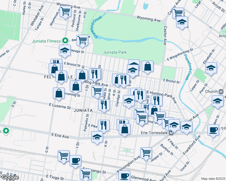 map of restaurants, bars, coffee shops, grocery stores, and more near 4140 K Street in Philadelphia