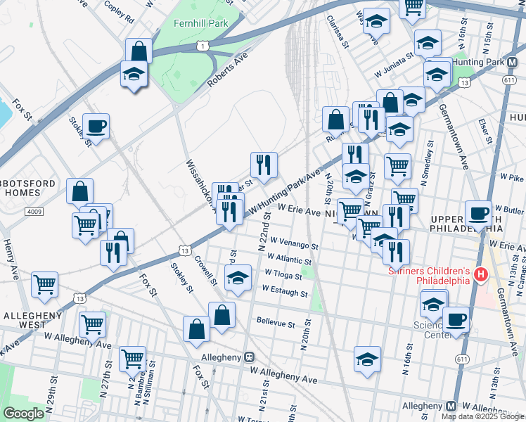 map of restaurants, bars, coffee shops, grocery stores, and more near 3634 North 22nd Street in Philadelphia