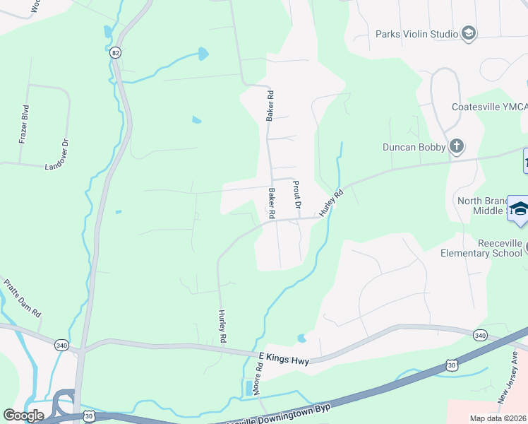 map of restaurants, bars, coffee shops, grocery stores, and more near 107 Baker Road in Chester County