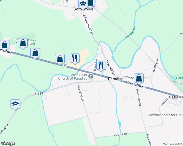 map of restaurants, bars, coffee shops, grocery stores, and more near 3084 U.S. 30 in Paradise