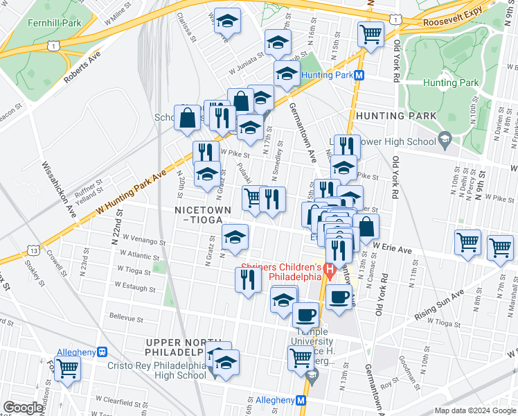 map of restaurants, bars, coffee shops, grocery stores, and more near 3721 North 17th Street in Philadelphia