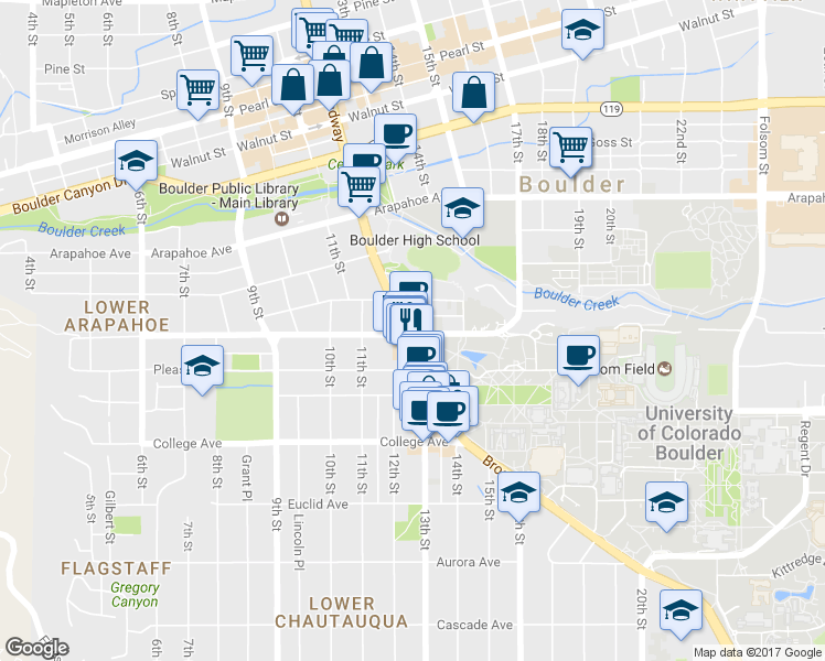 map of restaurants, bars, coffee shops, grocery stores, and more near 1498 13th Street in Boulder