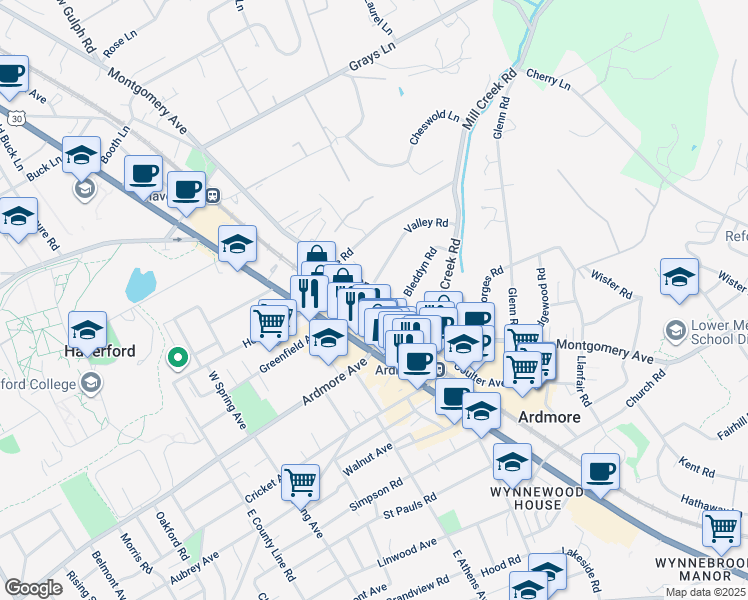 map of restaurants, bars, coffee shops, grocery stores, and more near 101 Valley Road in Ardmore
