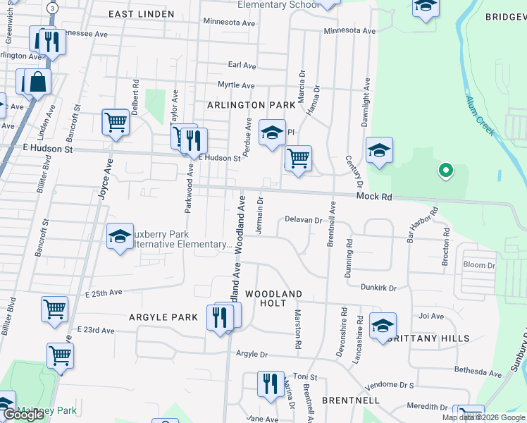 map of restaurants, bars, coffee shops, grocery stores, and more near 2160 Mock Road in Columbus
