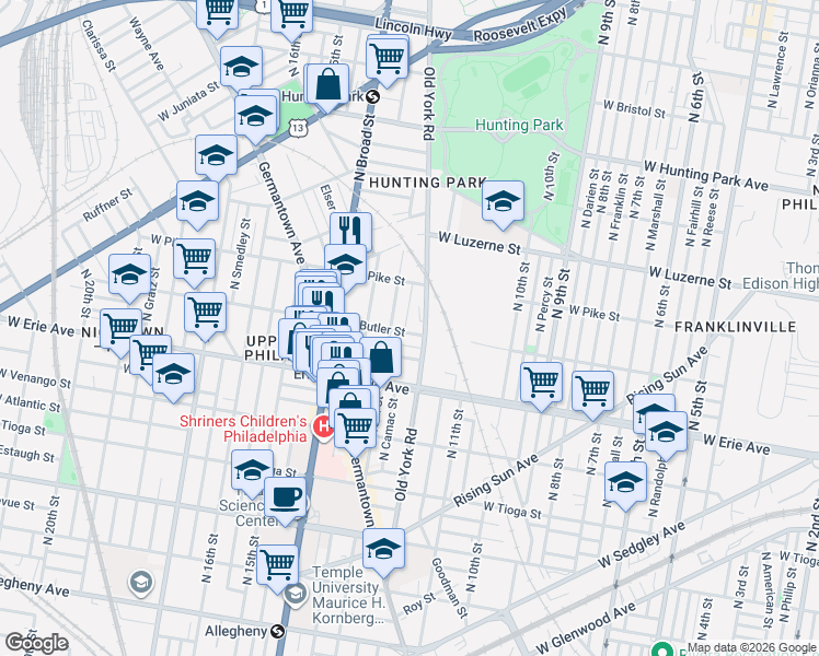 map of restaurants, bars, coffee shops, grocery stores, and more near 3815 North 13th Street in Philadelphia
