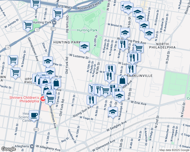 map of restaurants, bars, coffee shops, grocery stores, and more near 3834 North 9th Street in Philadelphia