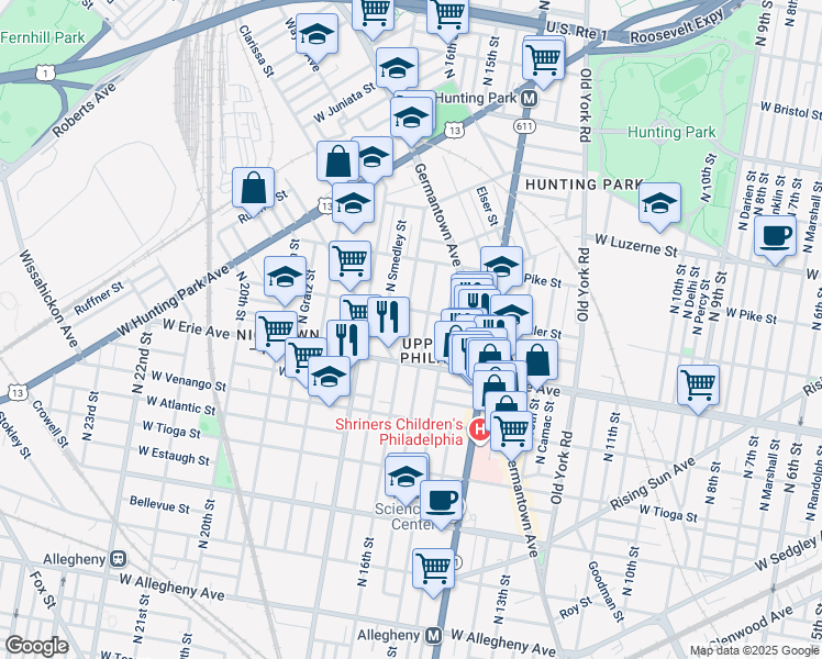 map of restaurants, bars, coffee shops, grocery stores, and more near 3735 North 16th Street in Philadelphia
