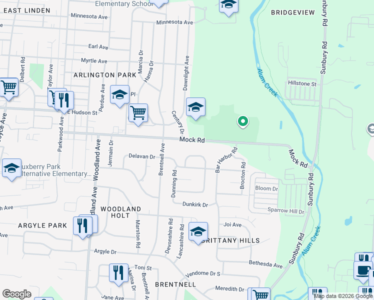 map of restaurants, bars, coffee shops, grocery stores, and more near 2439 Mock Road in Columbus