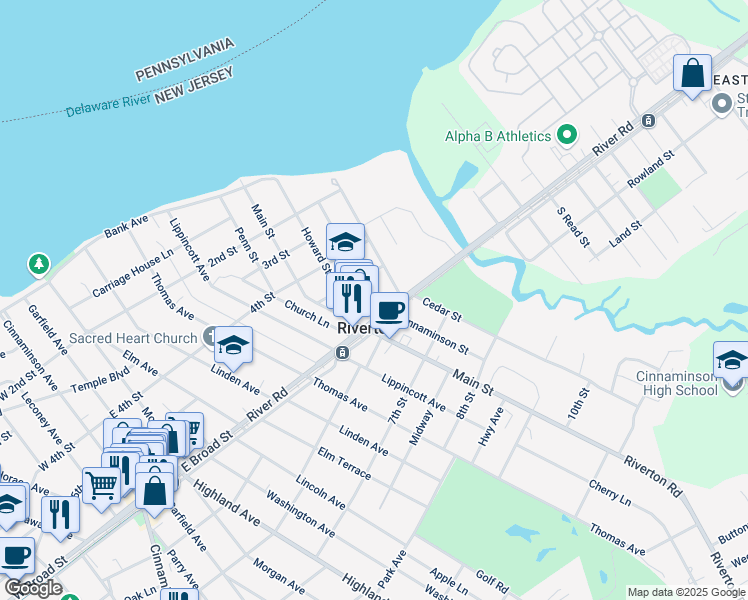 map of restaurants, bars, coffee shops, grocery stores, and more near Cinnaminson Street in Riverton
