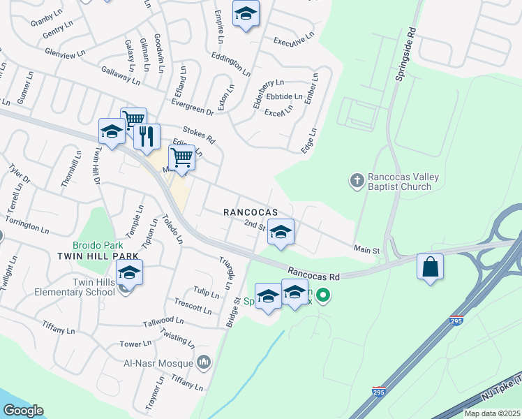 map of restaurants, bars, coffee shops, grocery stores, and more near in Westampton Township