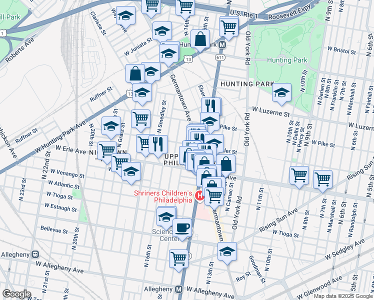 map of restaurants, bars, coffee shops, grocery stores, and more near 3759 North Sydenham Street in Philadelphia