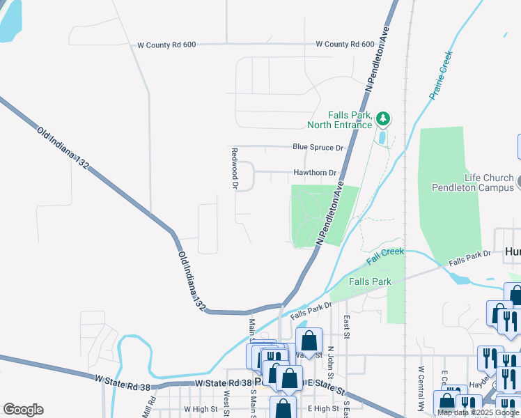 map of restaurants, bars, coffee shops, grocery stores, and more near 320 Tamarack Court in Pendleton