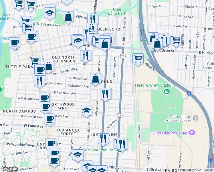 map of restaurants, bars, coffee shops, grocery stores, and more near 2310 Summit Street in Columbus