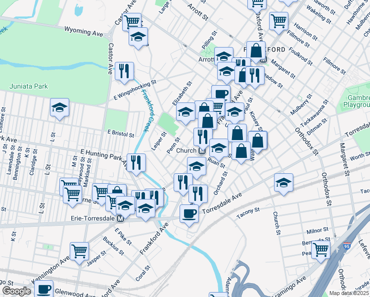 map of restaurants, bars, coffee shops, grocery stores, and more near 1538 Ruan Street in Philadelphia