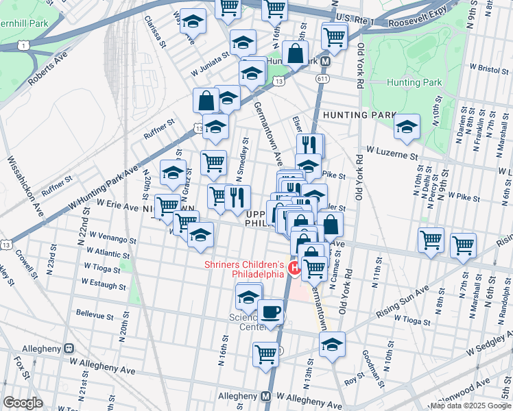 map of restaurants, bars, coffee shops, grocery stores, and more near 3736 North Sydenham Street in Philadelphia