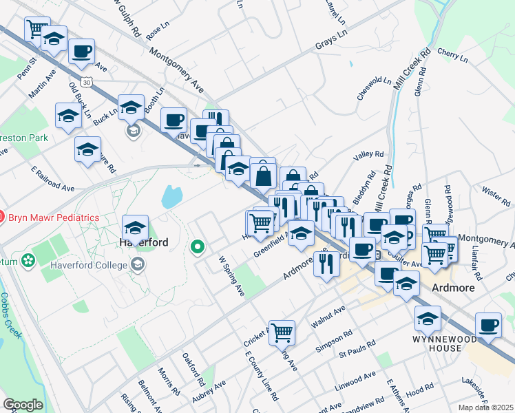 map of restaurants, bars, coffee shops, grocery stores, and more near 5 South Wyoming Avenue in Ardmore