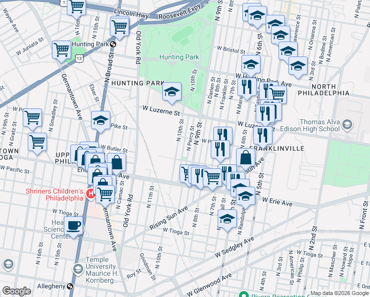 map of restaurants, bars, coffee shops, grocery stores, and more near 3851 North Percy Street in Philadelphia
