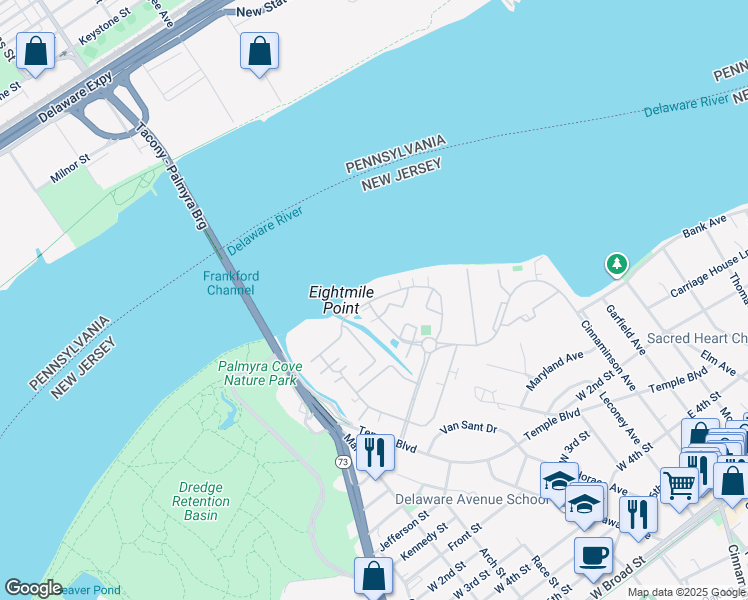 map of restaurants, bars, coffee shops, grocery stores, and more near Riverfront Drive in Palmyra