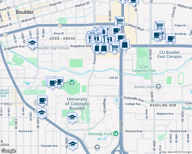 map of restaurants, bars, coffee shops, grocery stores, and more near 2525 Taft Drive in Boulder