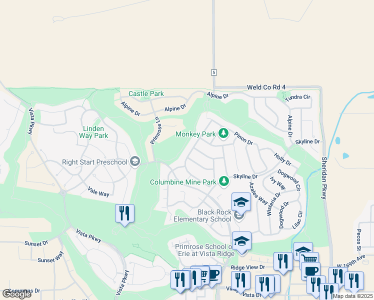 map of restaurants, bars, coffee shops, grocery stores, and more near 2003 Lodge Pole Drive in Erie