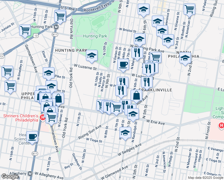 map of restaurants, bars, coffee shops, grocery stores, and more near 3842 North 8th Street in Philadelphia