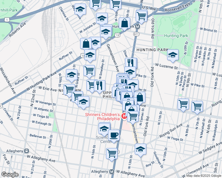 map of restaurants, bars, coffee shops, grocery stores, and more near 3741 North Sydenham Street in Philadelphia
