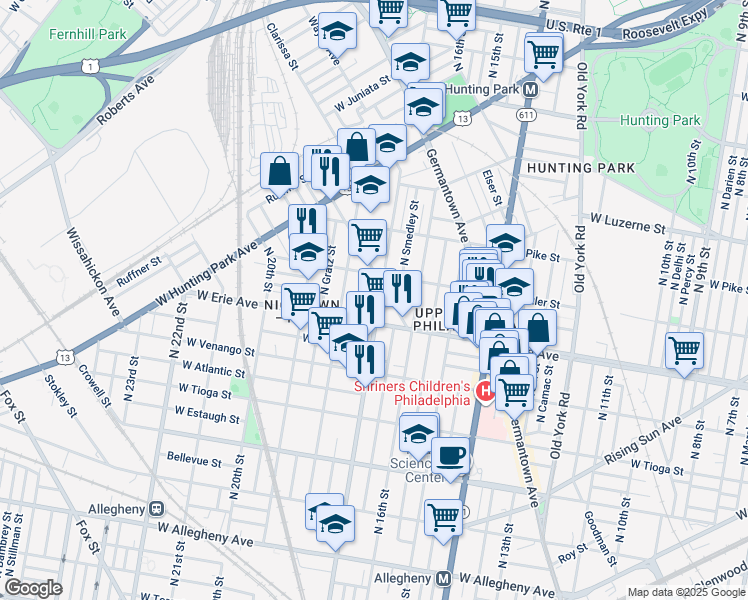 map of restaurants, bars, coffee shops, grocery stores, and more near 3728 North 17th Street in Philadelphia