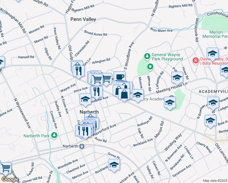 map of restaurants, bars, coffee shops, grocery stores, and more near 522 South Woodbine Avenue in Penn Valley