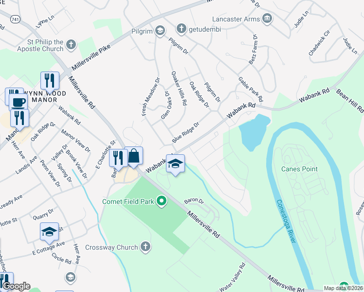 map of restaurants, bars, coffee shops, grocery stores, and more near 1932 Blue Ridge Drive in Lancaster