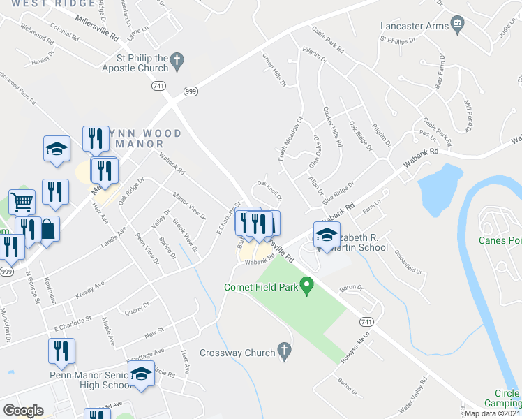 map of restaurants, bars, coffee shops, grocery stores, and more near 165 Oak Knoll Circle in Millersville
