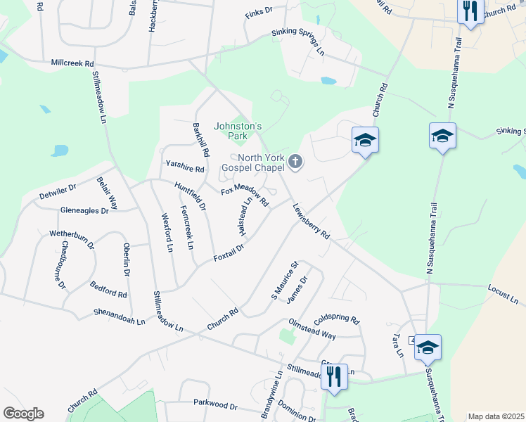 map of restaurants, bars, coffee shops, grocery stores, and more near 621 Foxtail Drive in York