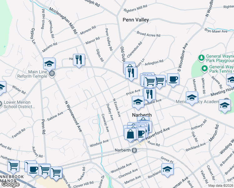 map of restaurants, bars, coffee shops, grocery stores, and more near 208 Wayne Avenue in Narberth