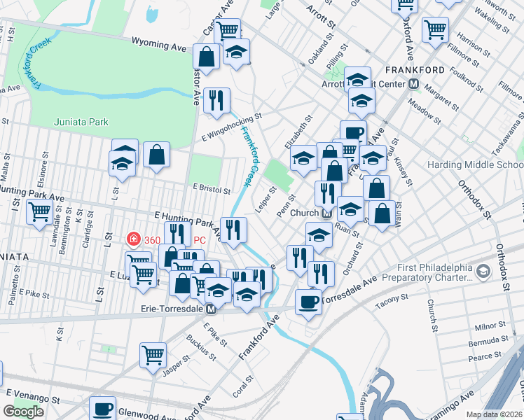 map of restaurants, bars, coffee shops, grocery stores, and more near 4226 Leiper Street in Philadelphia