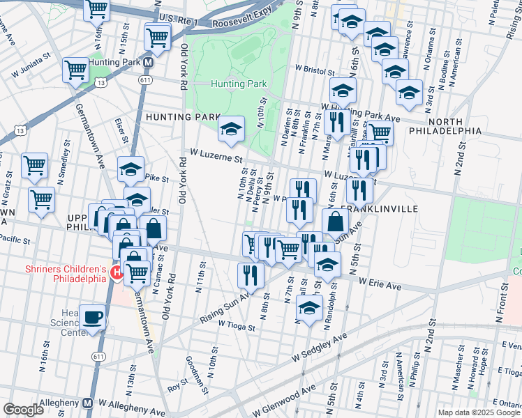 map of restaurants, bars, coffee shops, grocery stores, and more near 3836 North 9th Street in Philadelphia