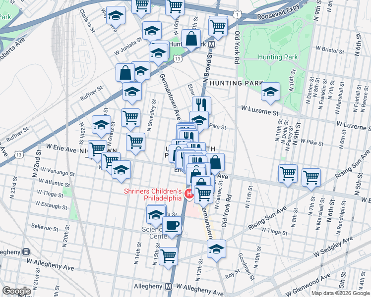 map of restaurants, bars, coffee shops, grocery stores, and more near in Philadelphia