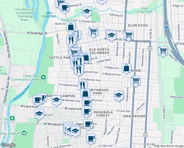 map of restaurants, bars, coffee shops, grocery stores, and more near 63 East Maynard Avenue in Columbus