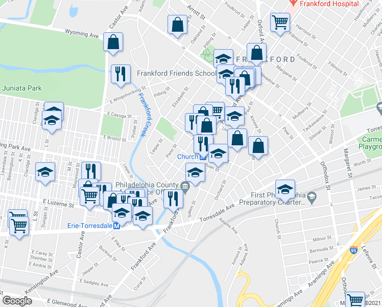 map of restaurants, bars, coffee shops, grocery stores, and more near 1541 Ruan Street in Philadelphia
