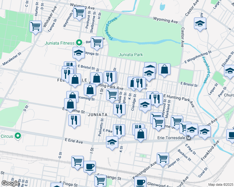 map of restaurants, bars, coffee shops, grocery stores, and more near 4135 J Street in Philadelphia