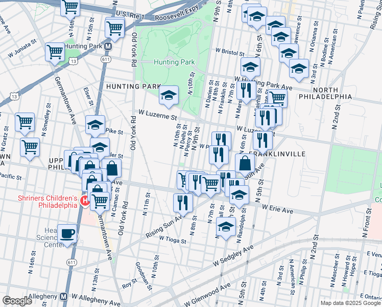 map of restaurants, bars, coffee shops, grocery stores, and more near 3836 North 9th Street in Philadelphia