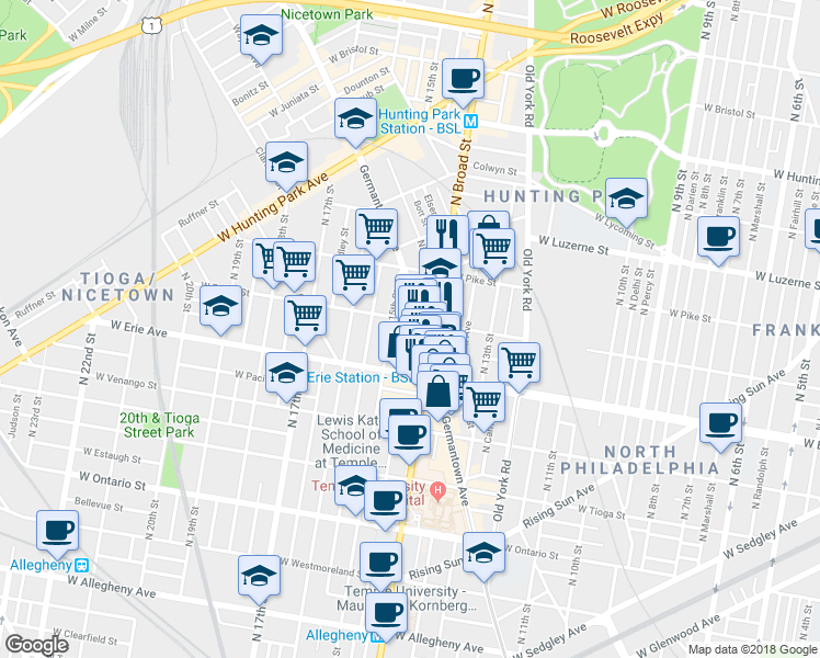 map of restaurants, bars, coffee shops, grocery stores, and more near 3767 North Carlisle Street in Philadelphia